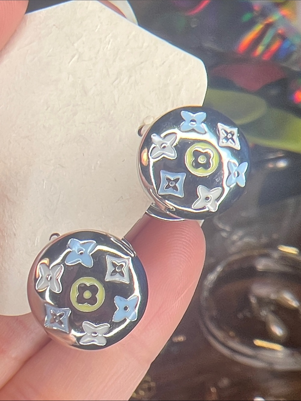 Silver Floral Motif Round Stud Earrings - Blue & Green Accents